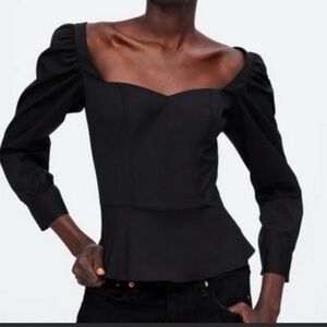 Zara Woman black square-neck corset-style top – romantic puff sleeve peplum S